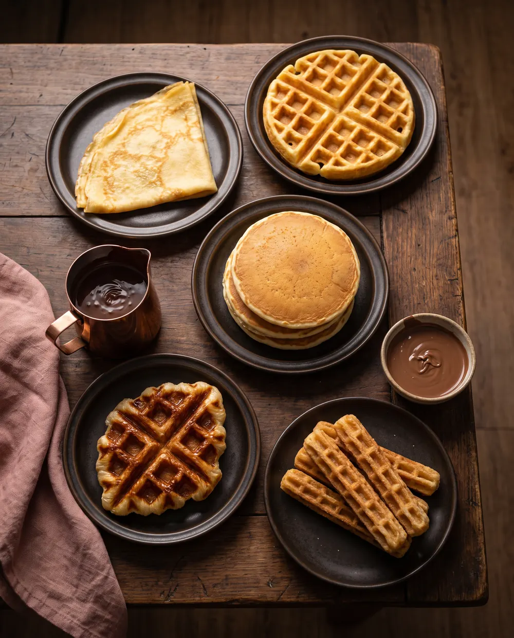 Les bases : crêpe, gaufre, pancakes, croffle et churoffles, avec du chocolat fondu à verser