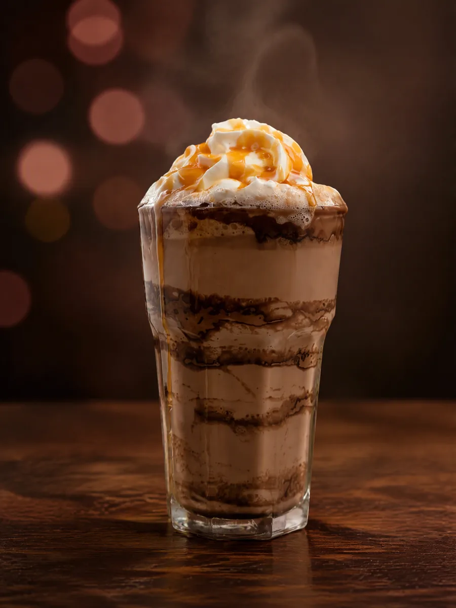 Yanis : chocolat chaud au chocolat Caramélia, chantilly et coulis de caramel