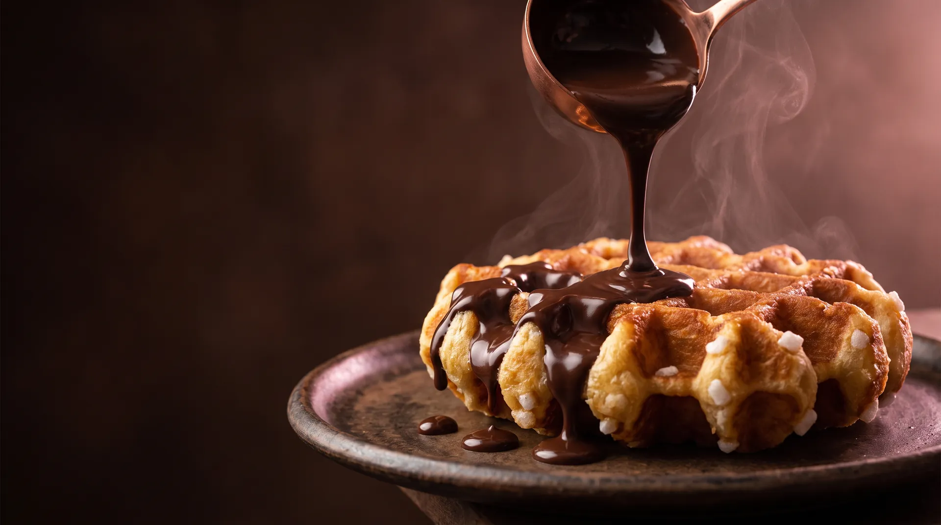 Chocolat fondu versé sur une gaufre dorée, bar à chocolat Kelsy's Délices à Grenoble