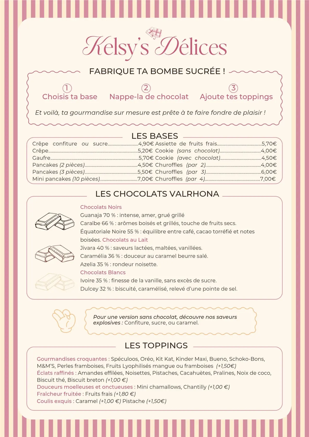 Menu de Kelsy's Délices à Grenoble : bases, chocolats Valrhona et toppings