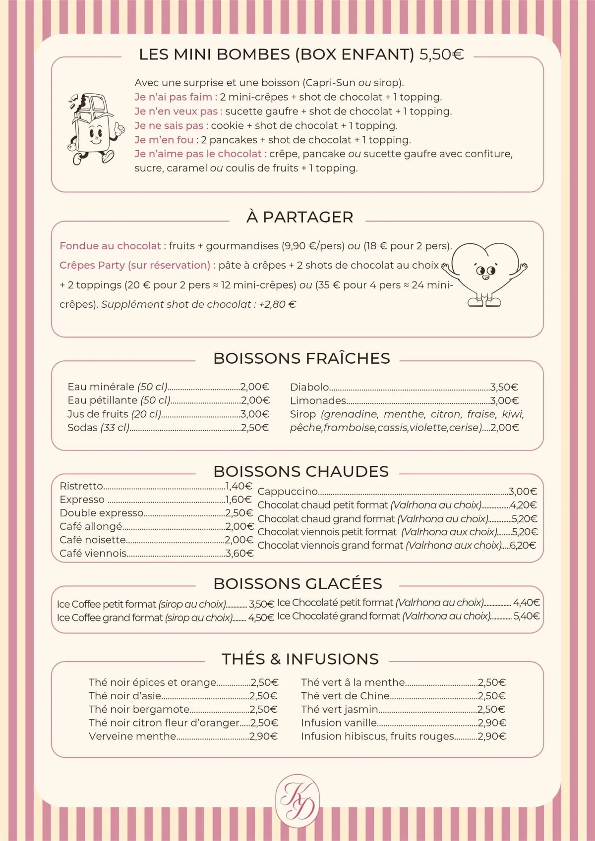Menu des boissons, de la box enfant et des formules à partager de Kelsy's Délices