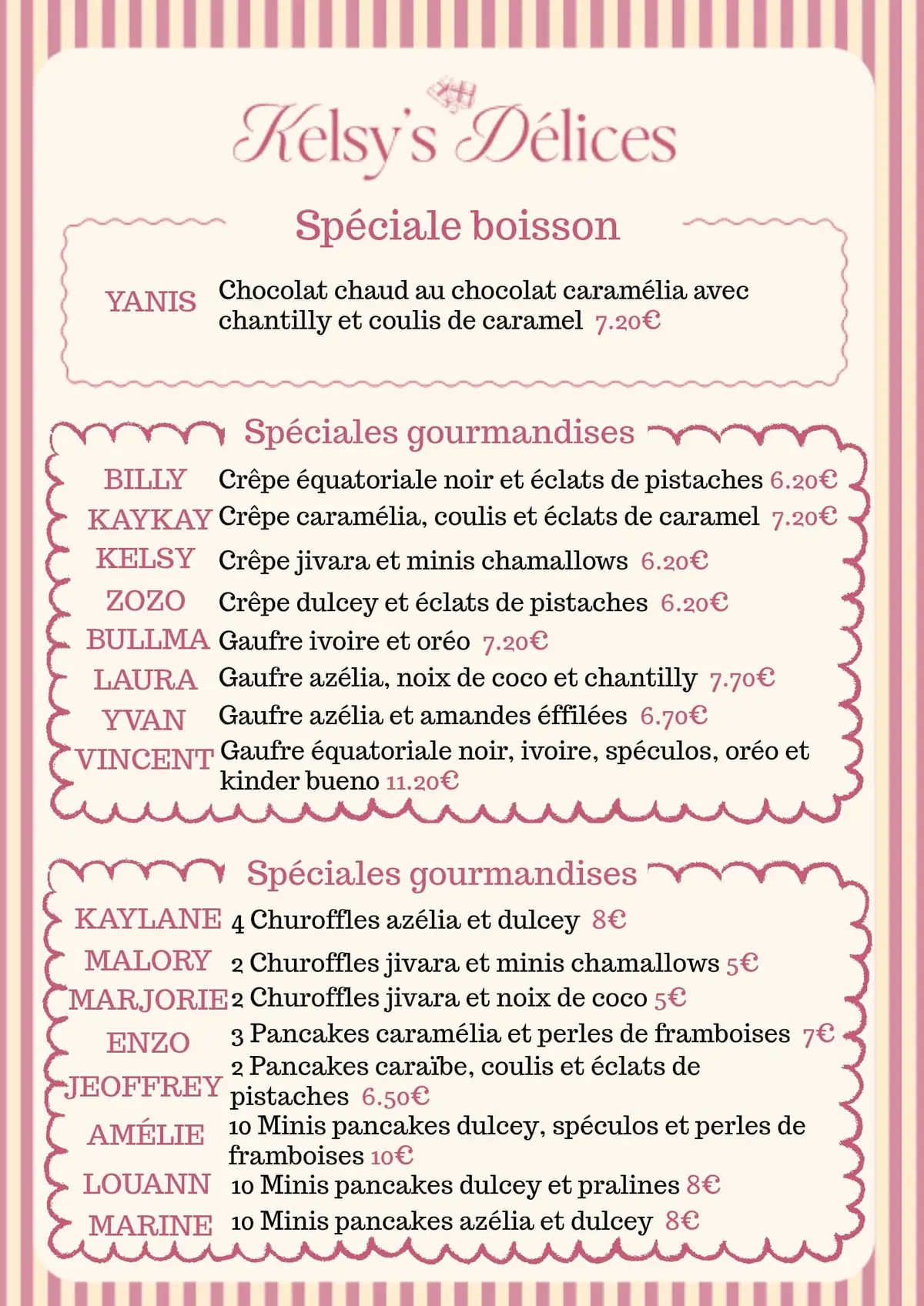 Menu des spécialités gourmandes de Kelsy's Délices
