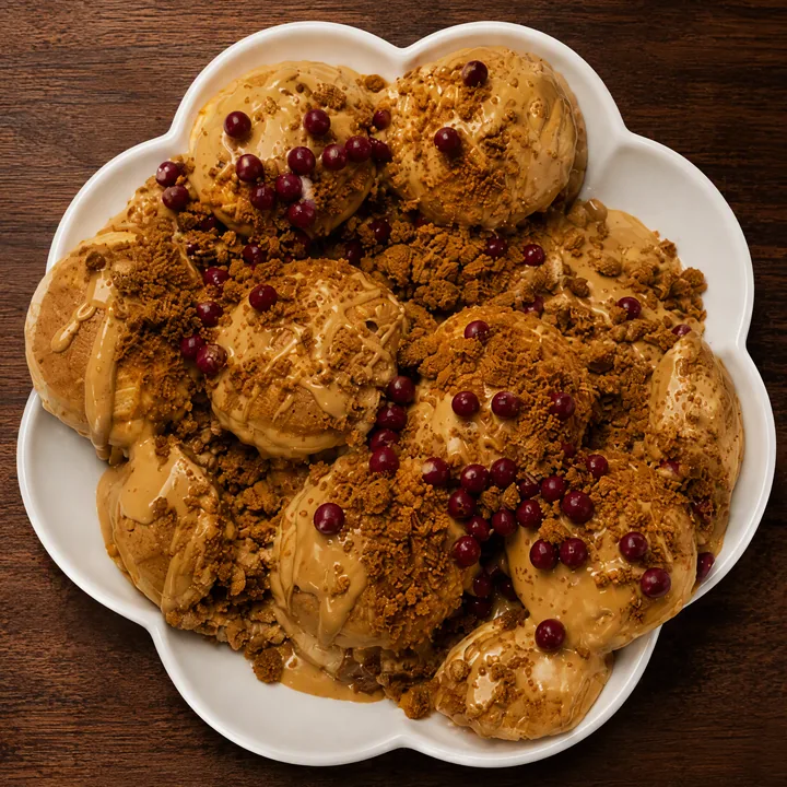 Mini pancakes Dulcey, spéculos et perles de framboise, la spéciale Amélie