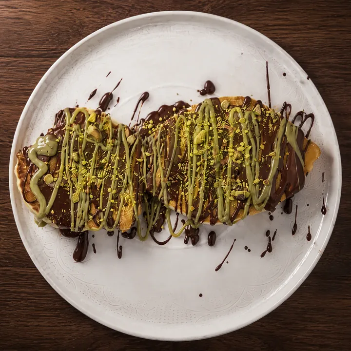 Pancakes chocolat Caraïbe, coulis et éclats de pistache, la spéciale Jeoffrey
