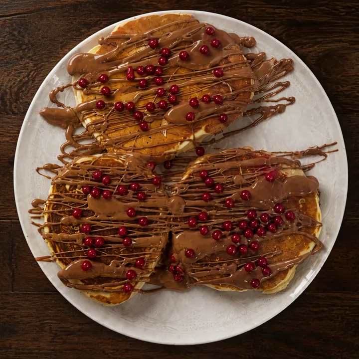 Pancakes au chocolat Caramélia et perles de framboise, la spéciale Enzo