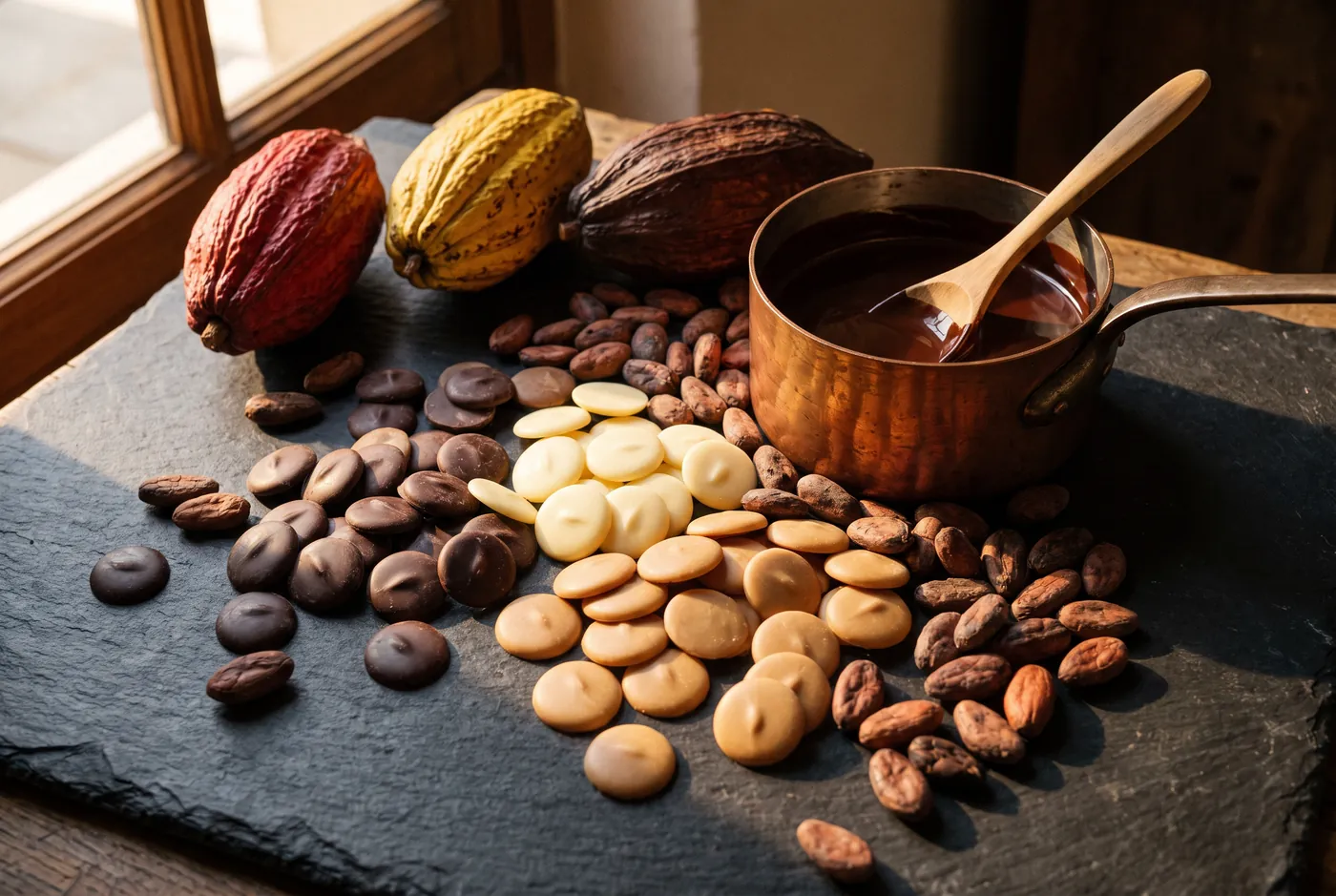 Pistoles de chocolat noir, au lait, blanc et blond, comme les chocolats Valrhona de la boutique